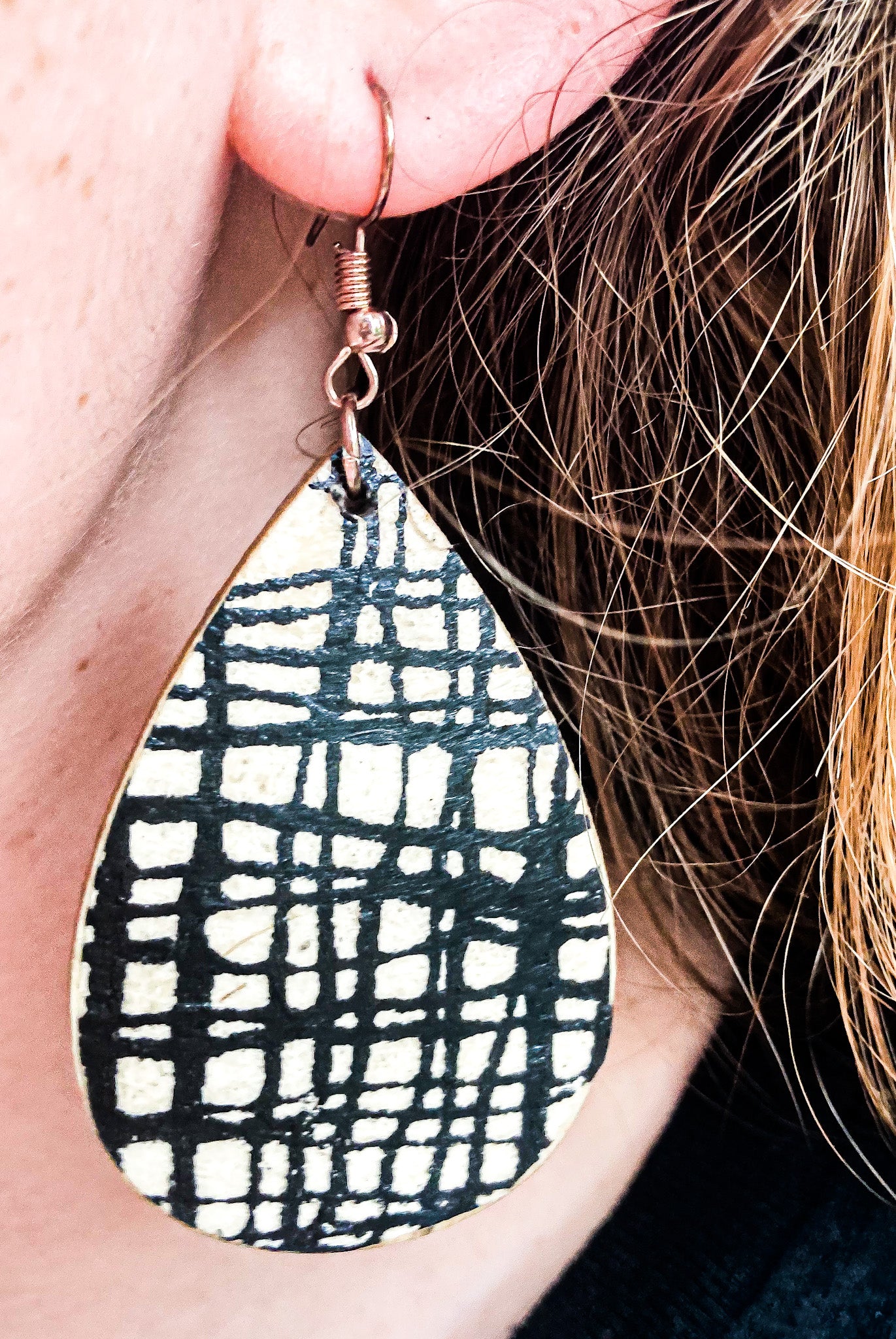 Black and Ivory Crosshatch Wood Earrings