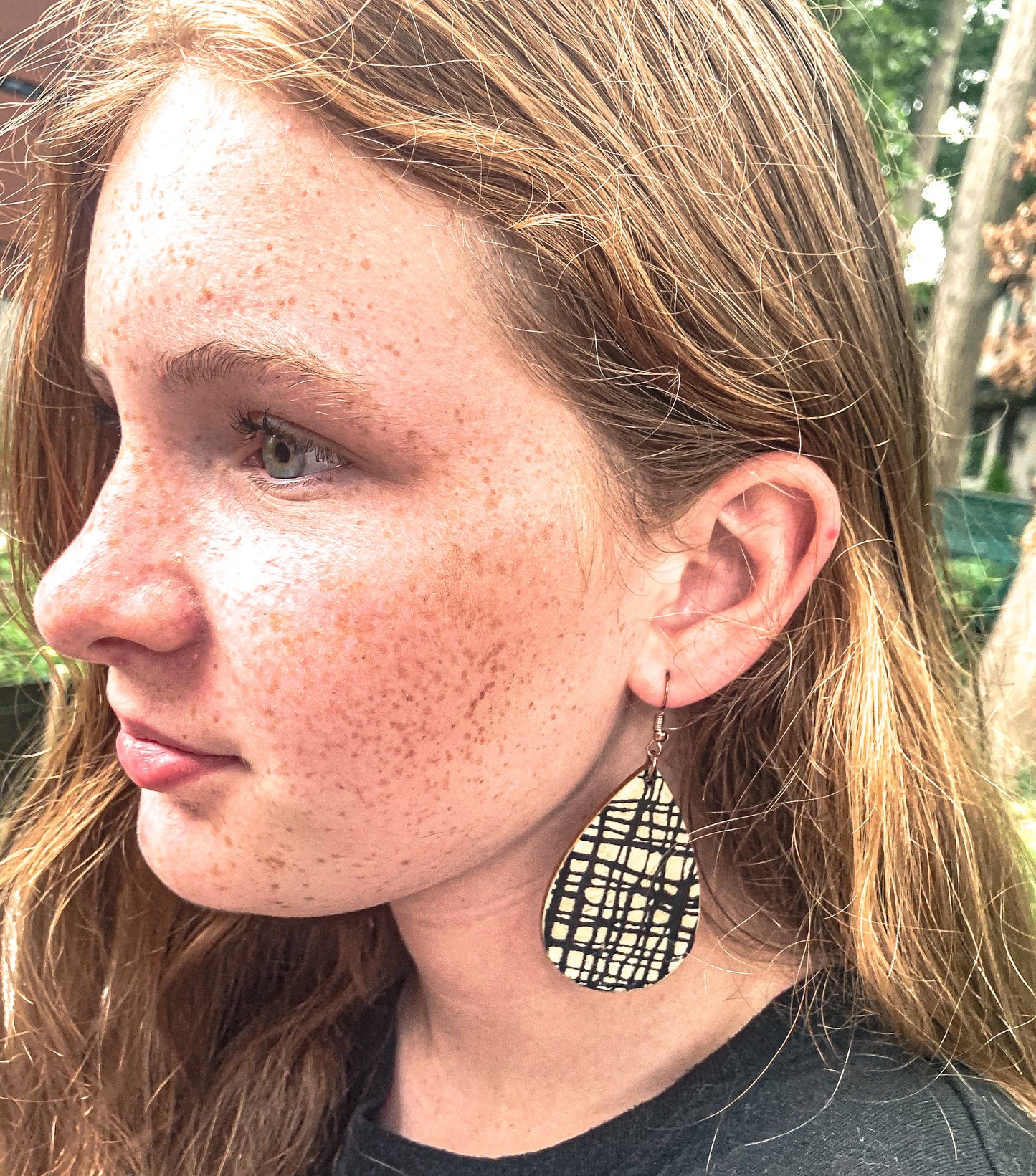 Black and Ivory Crosshatch Wood Earrings