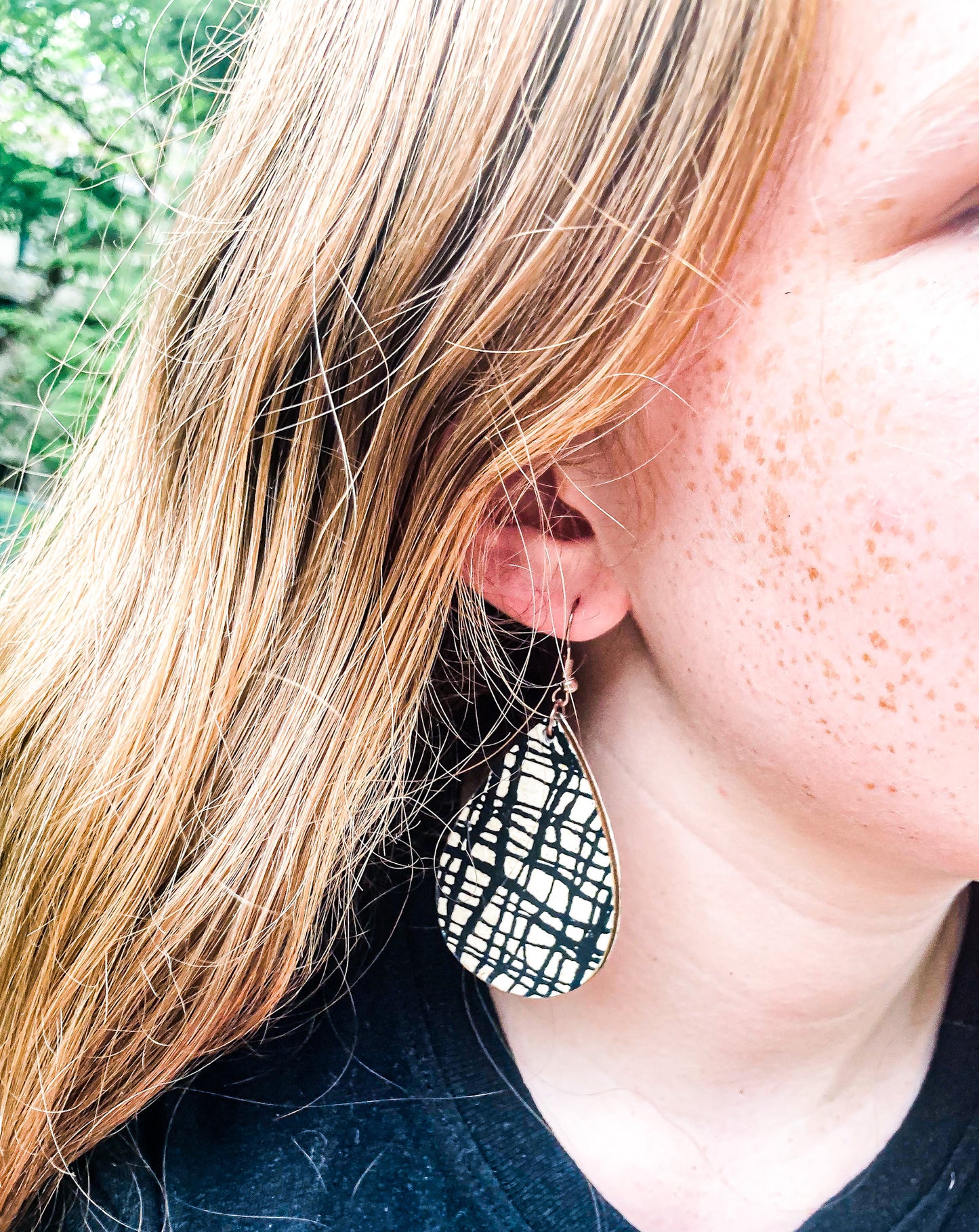 Black and Ivory Crosshatch Wood Earrings