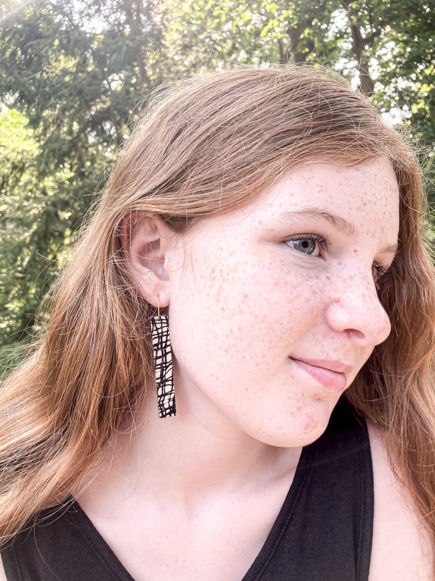 Black and Ivory Crosshatch Wood on Gold Hoop Earring