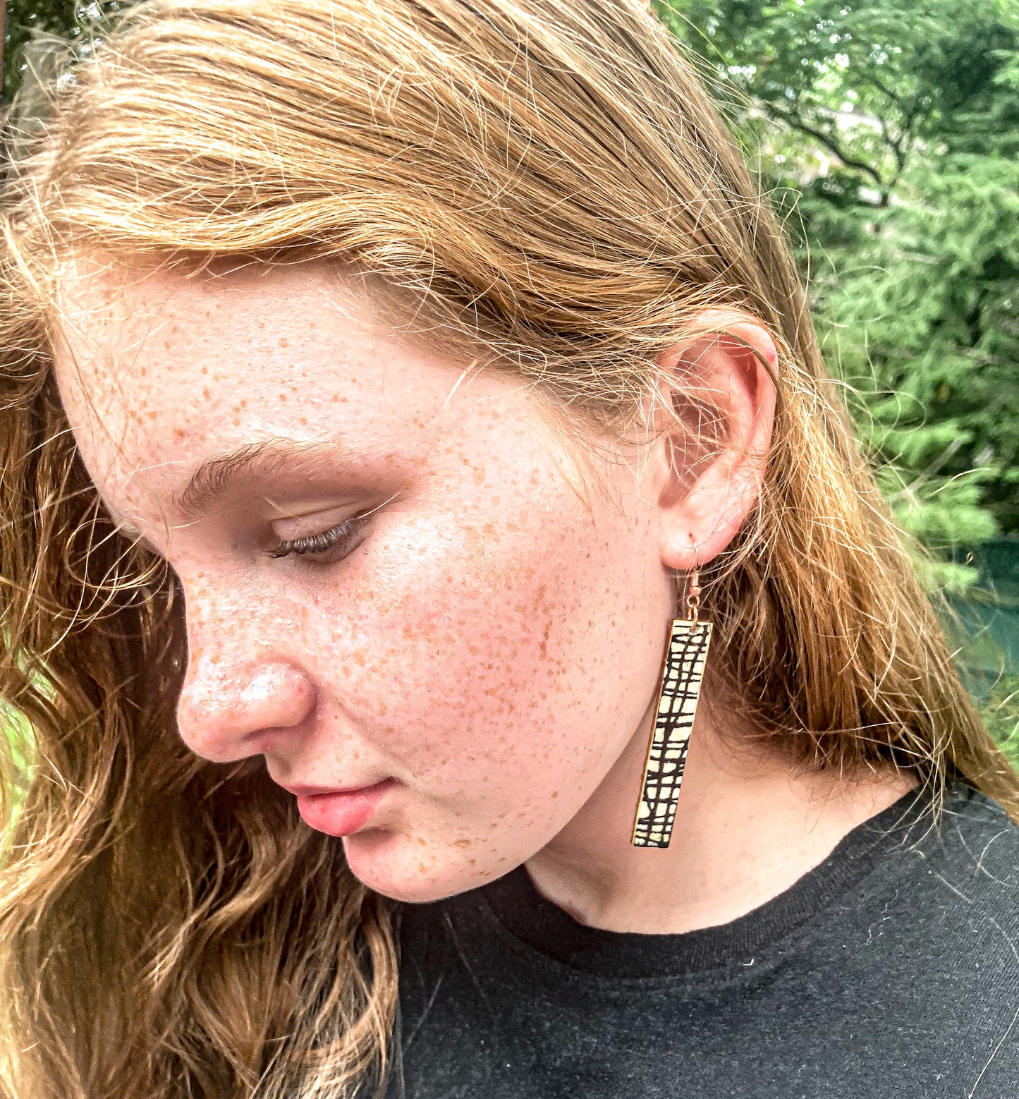 Black and Ivory Crosshatch Wood on Gold Hoop Earring