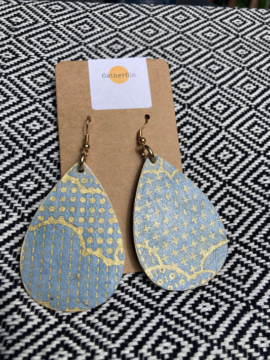 Blue and Gold Geometric Wood Teardrop Earrings