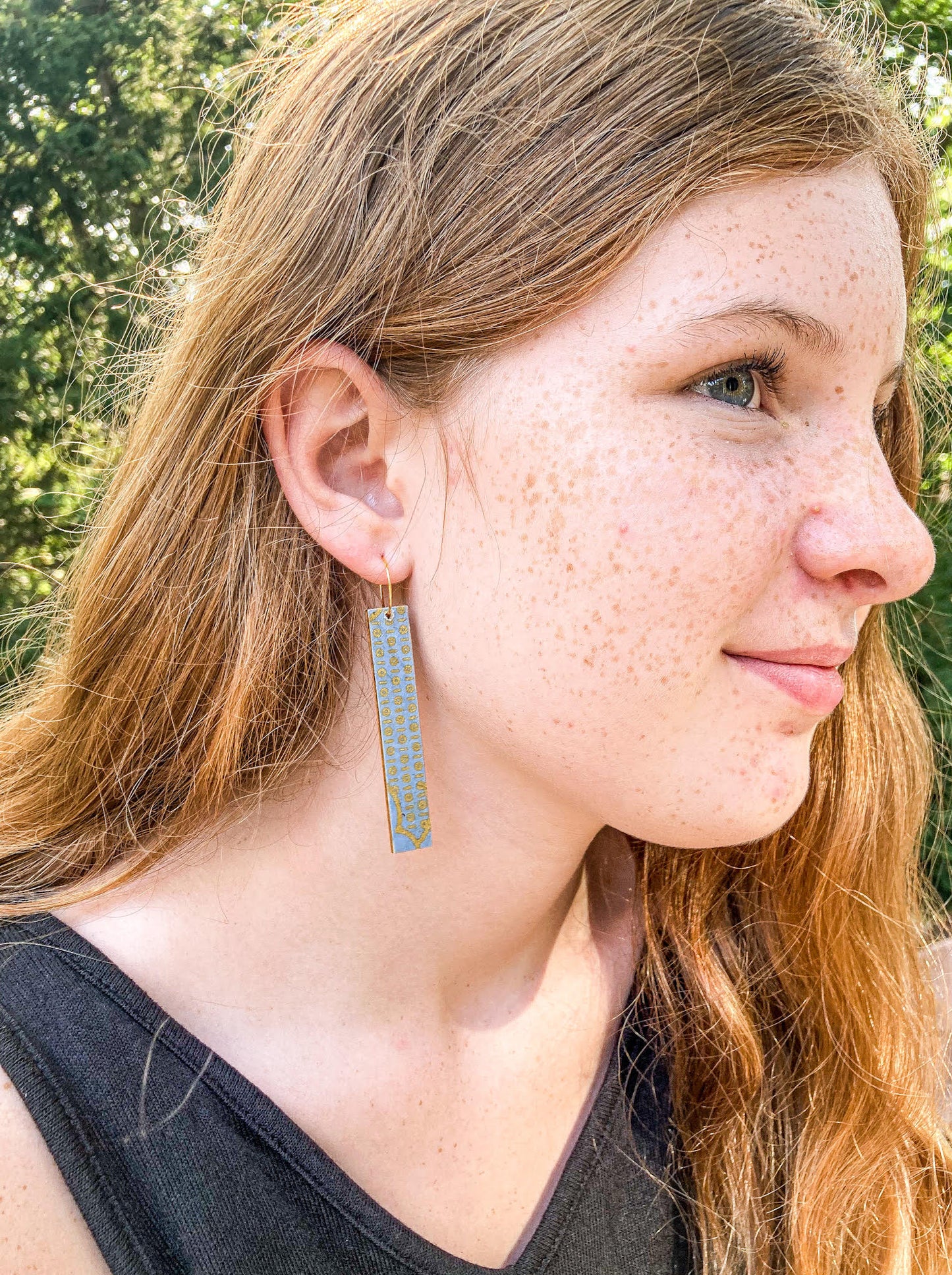 Blue and Gold Geometric Wood on Gold Hoop Earrings