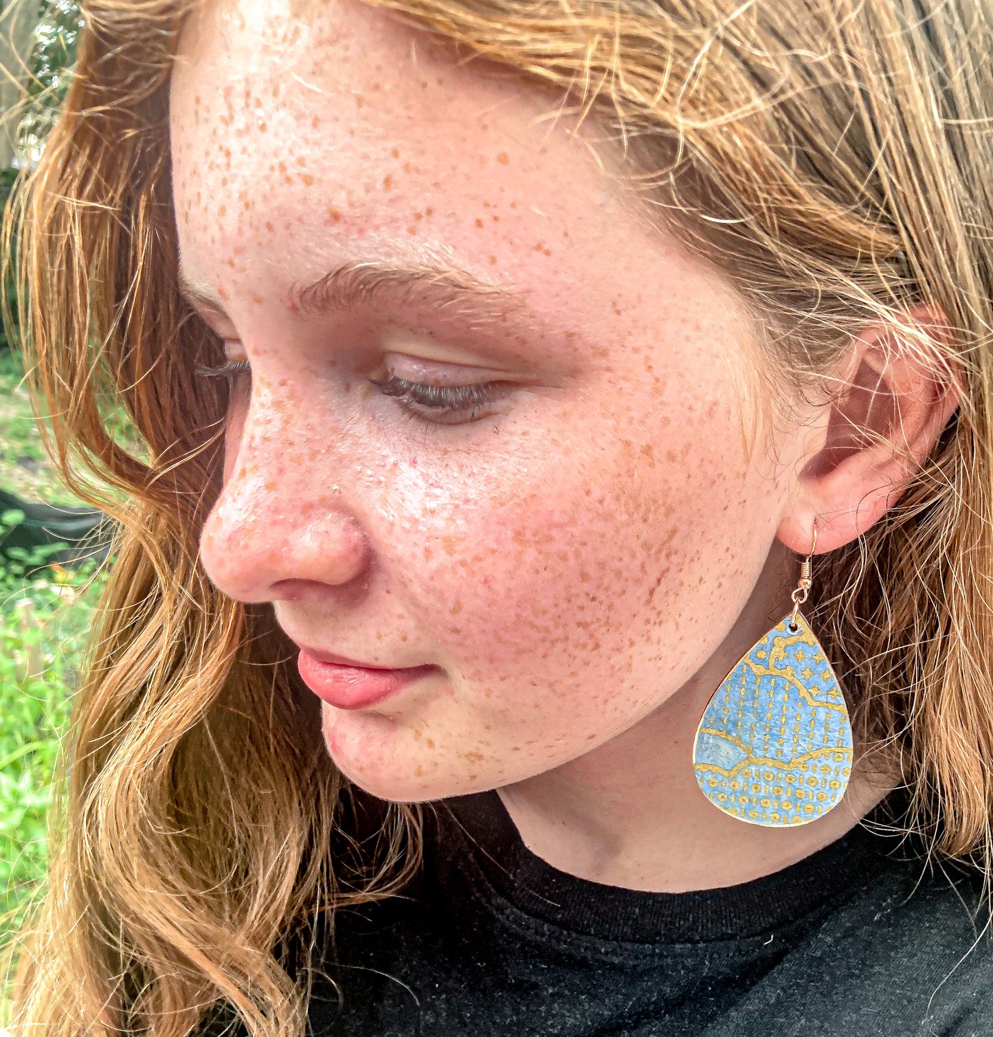 Blue and Gold Geometric Wood Teardrop Earrings