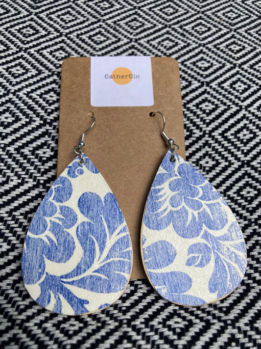 Blue Floral Block Print Wood Earrings