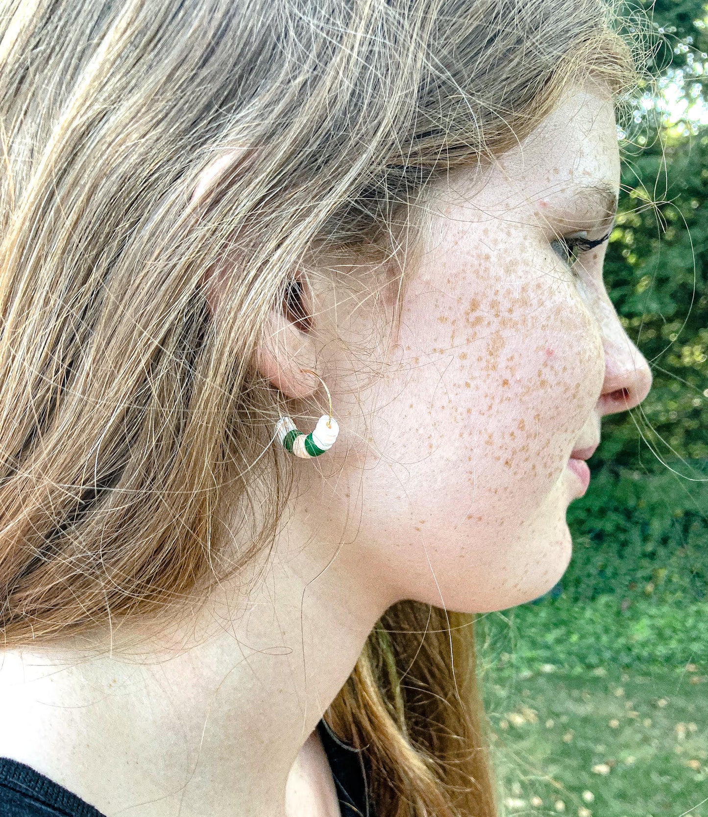 Gold Hoop Earring with Green, Peach and White Polymer Clay Beading