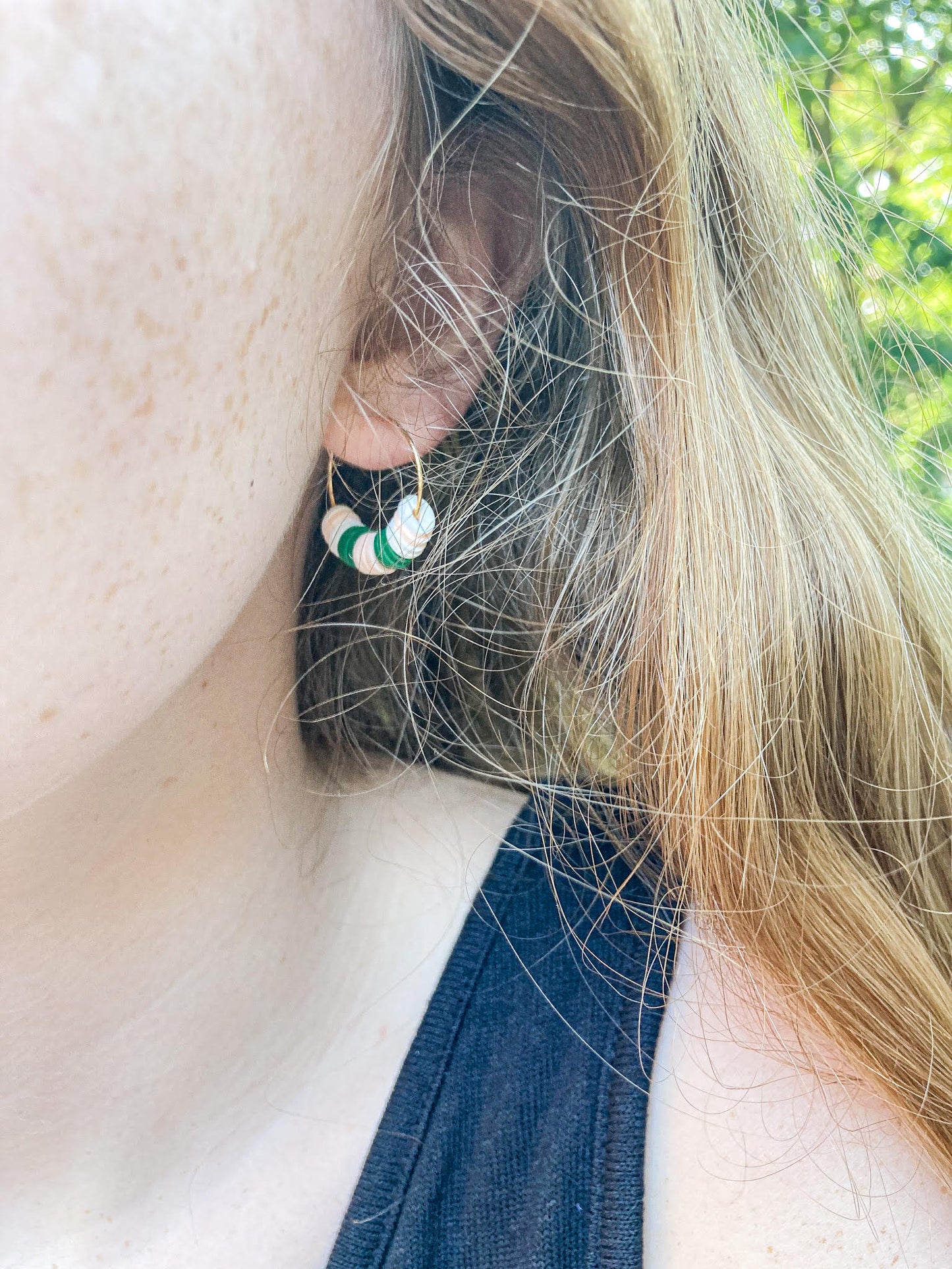 Gold Hoop Earring with Green, Peach and White Polymer Clay Beading