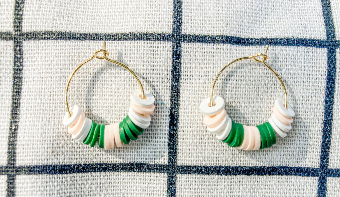 Gold Hoop Earring with Green, Peach and White Polymer Clay Beading