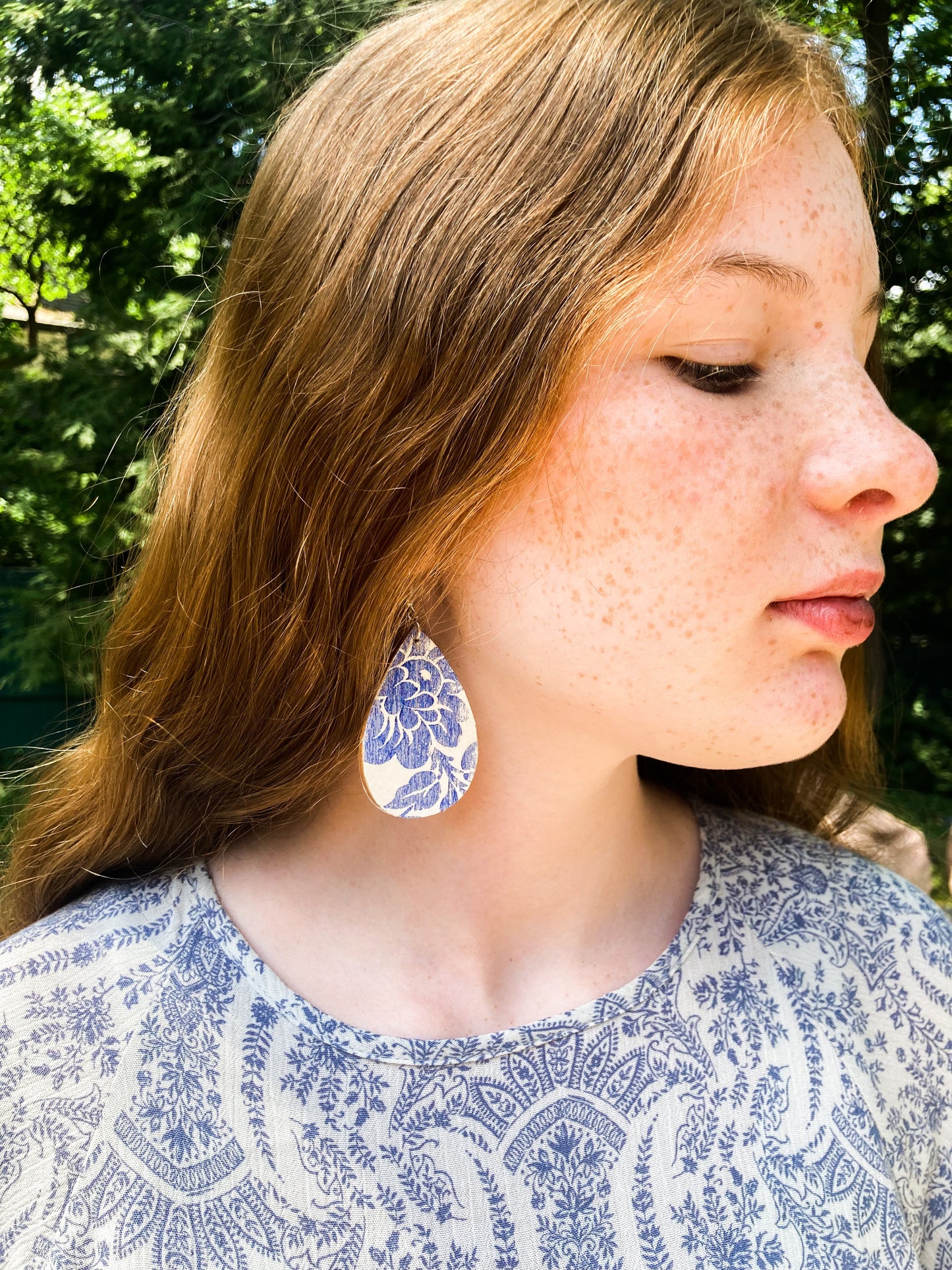 Blue Floral Block Print Wood Earrings