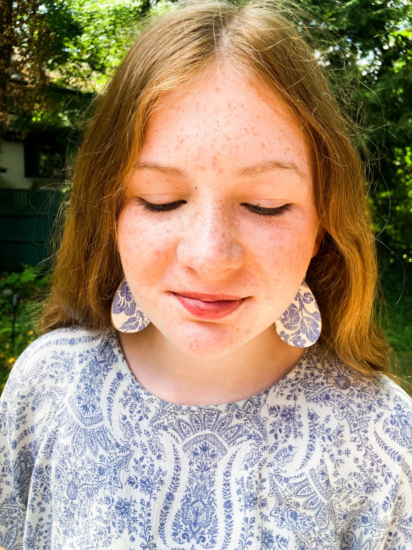 Blue Floral Block Print Wood Earrings